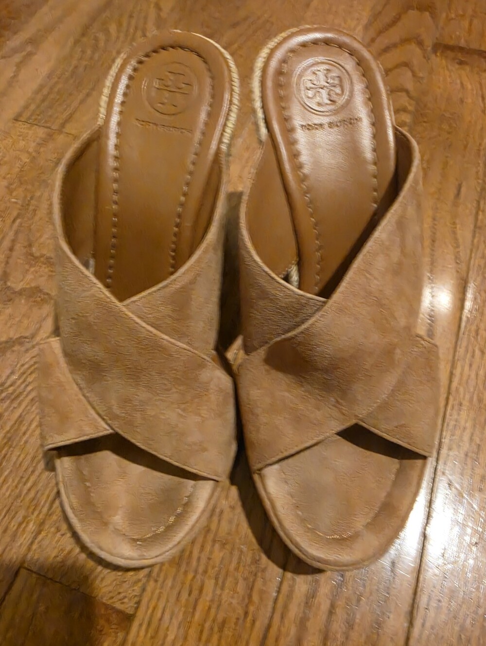 Tory Burch Lynn Tan Suede Crisscross Jute Espadrille Wedges Size 8M With Box